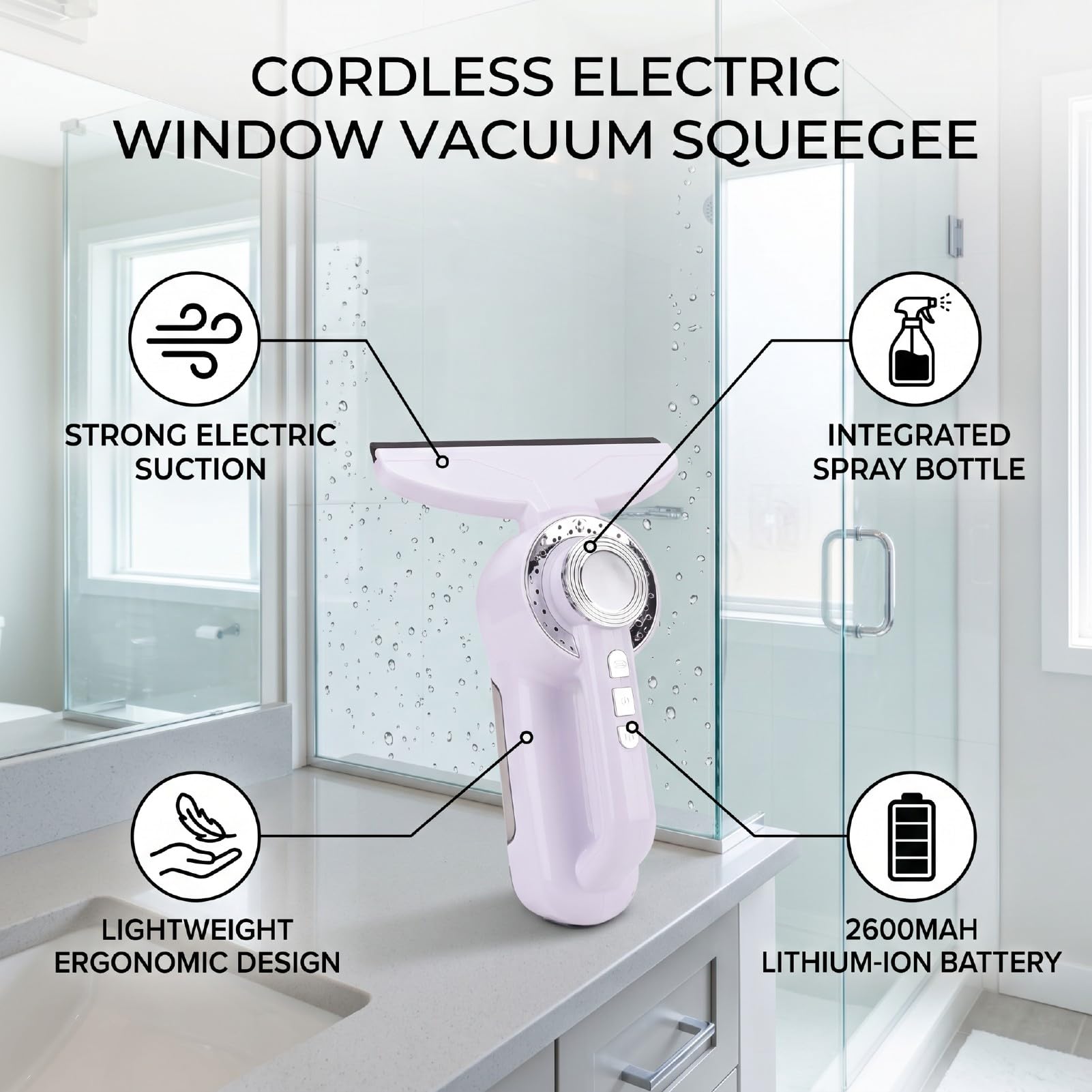 Fockety Fenstersauger, Kabelloser Elektrischer Fensterreiniger mit Sprühflasche, 2 Saugstufen und 2600 MAh Akku, for Duschtüren, Spiegel und Fliesen