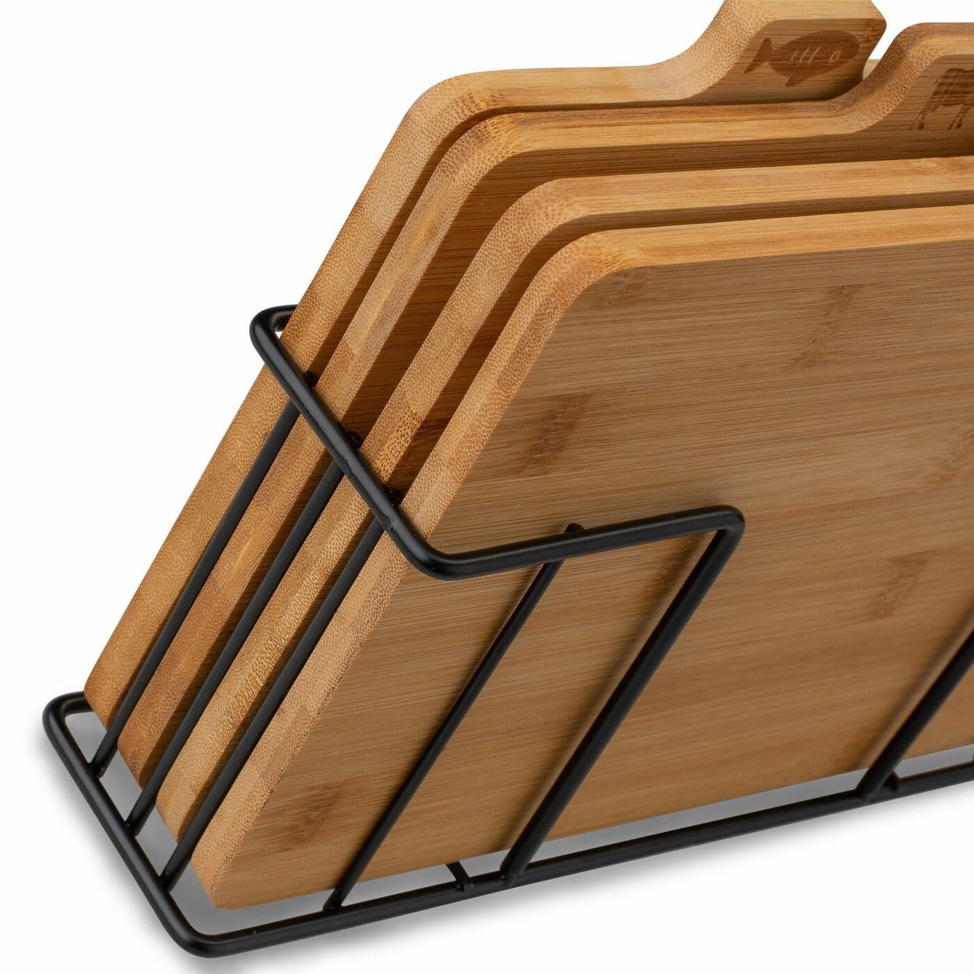 Juego de 4 tablas de cortar con soporte de cedro, un juego de tablas de cocina de bambú en un soporte de metal negro, tabla de cortar