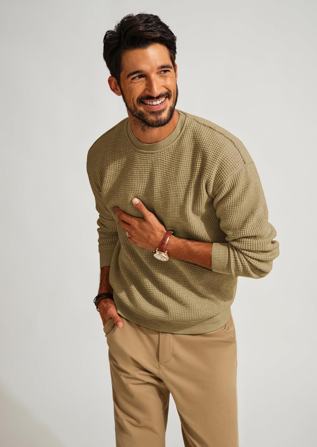 PJ PAUL JONES Mens Sweater Crewneck Knit Sweaters Casual Waffle Pullover Sweater for Men - Image 2