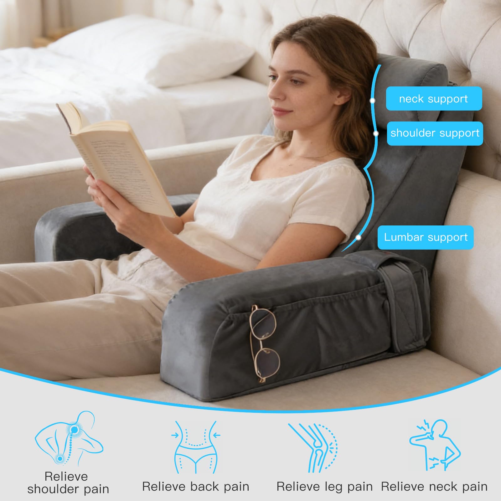 Bocguy Cojín de Lectura para Adultos，Cojín de Respaldo Suave para Lectura y Descanso - Comodidad Total en Cama o Sofá con Soporte Lumbar y Bolsillo para Guardar tu Teléfono y Mando