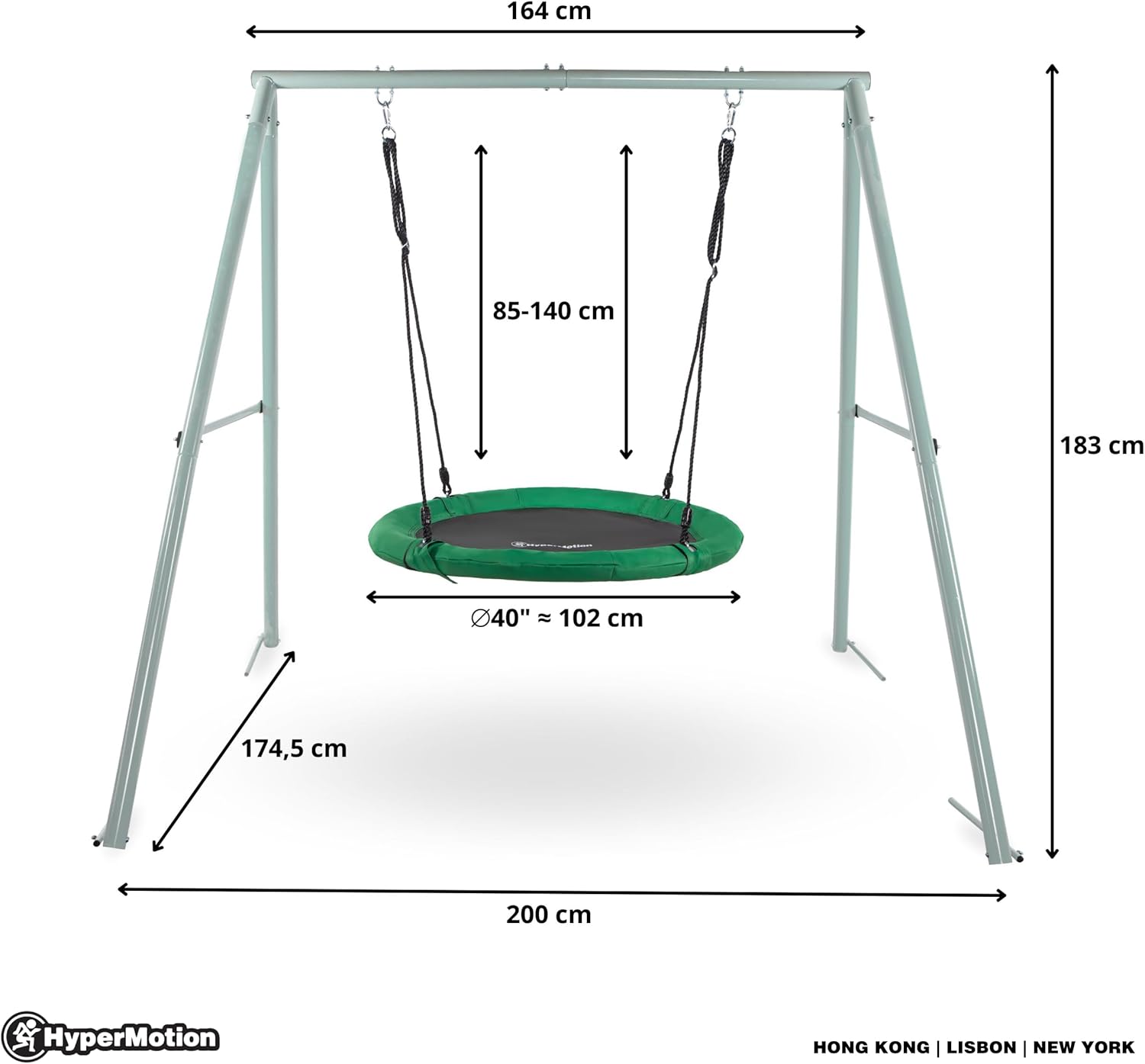Diagram showing full dimensions of the HyperMotion Garden Swing Nest with Frame