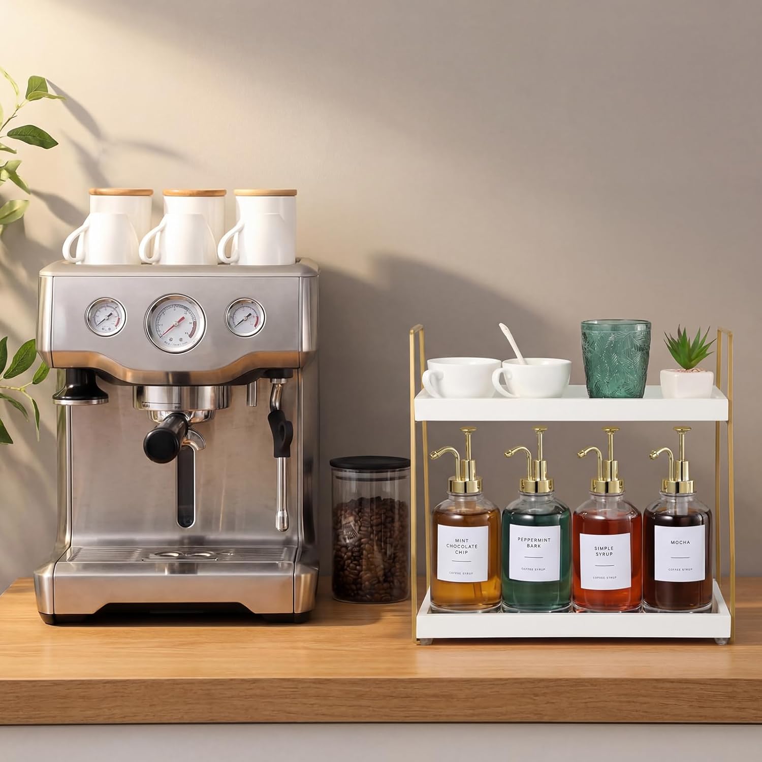 Leinuosen Coffee Bar Accessories, 2 Tier Wooden Cup Organizer Station and 4 Coffee Syrup Dispenser, 16.9 oz 500ml Glass Syrup Dispenser with 36 Labels and 1 Silicone Funnel(Gold)