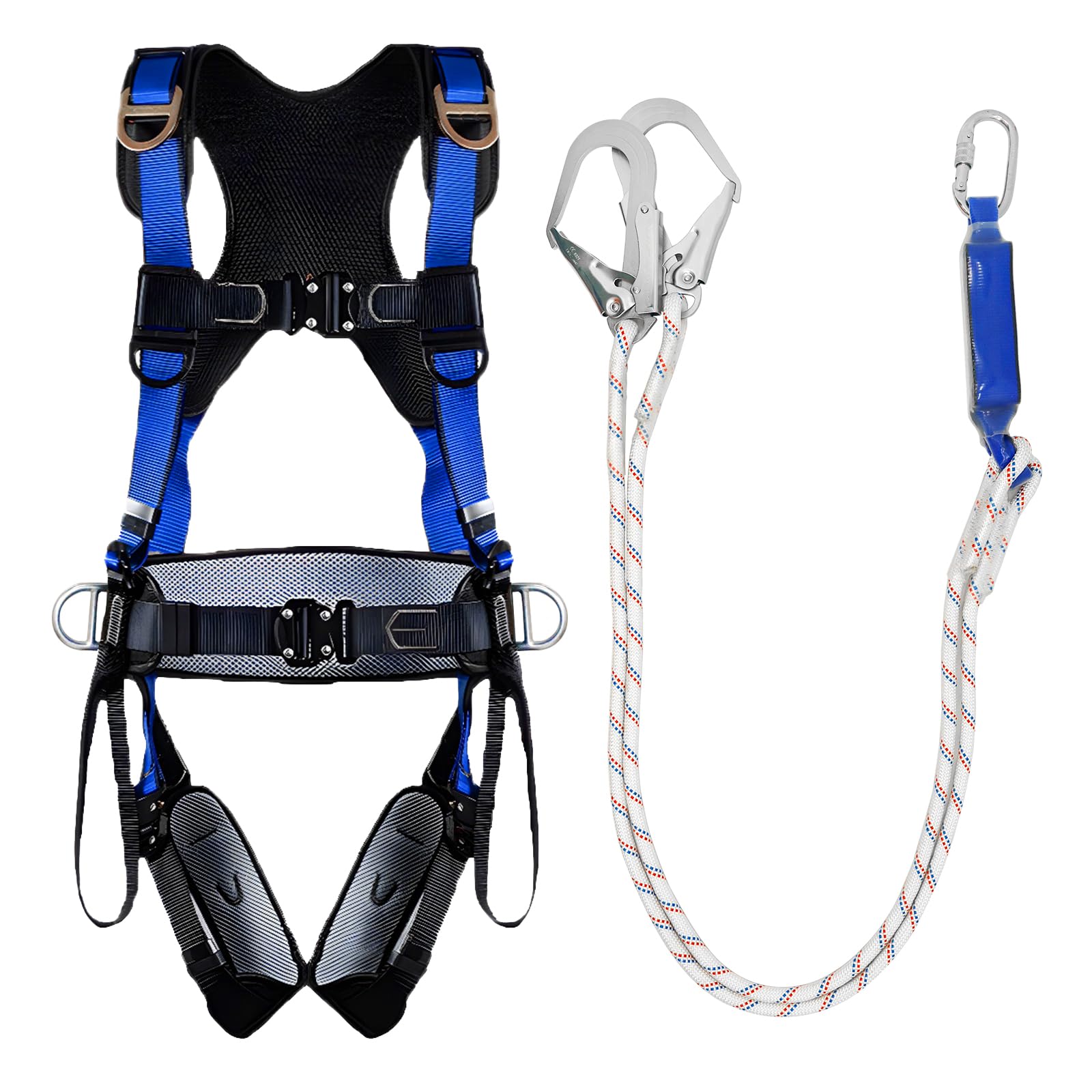 NewDoar Fall Protection Harness,ANSI/OSHA Standards Full Body Roofing Kit,Men Construction Harness Upgrade 4 Quick Buckles,with Shock Absorbing Y Lanyard,Quick Wear Comfort Ergonomic padding