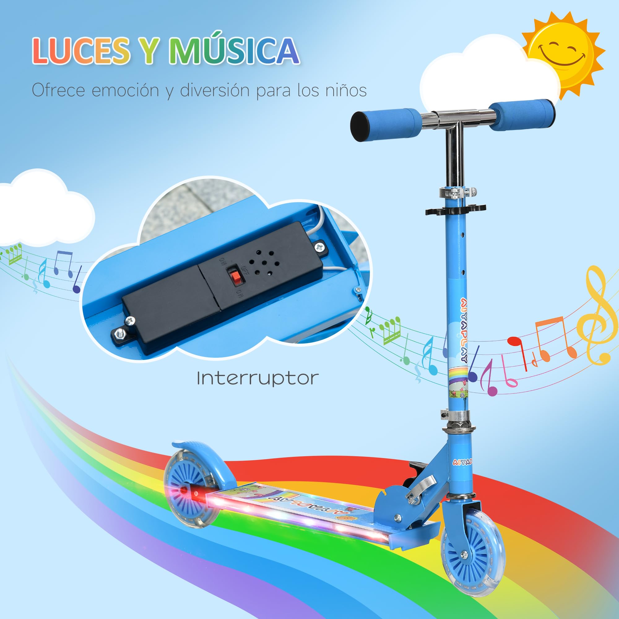 HOMCOM Patinete para Niños de 2 Ruedas, Patinete Infantil Plegable con Música 4 Altura Ajustable 65-78 cm Ruedas con Luces LED para Niños y Niñas de 3-7 Años Carga 50 kg