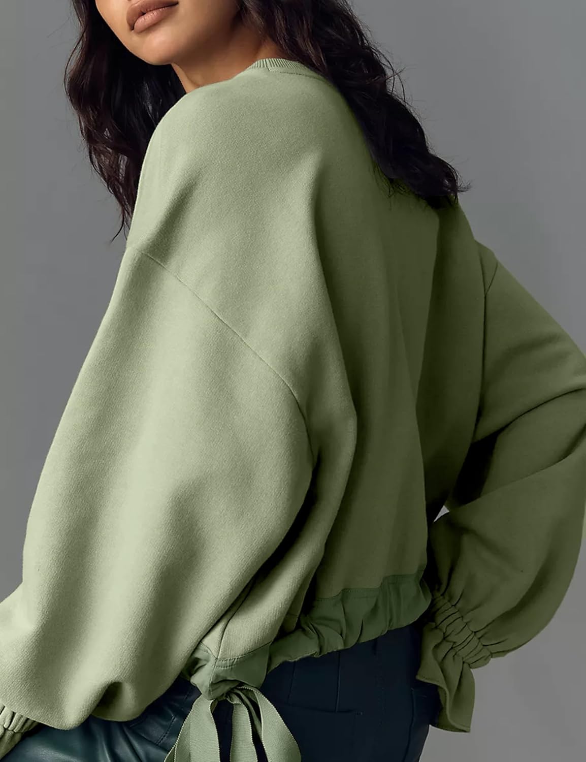 Women's Long Puff Sleeve Sweatshirt Drawstring Hem Crewneck Pullover Loose Solid Casual Tops - Image 4