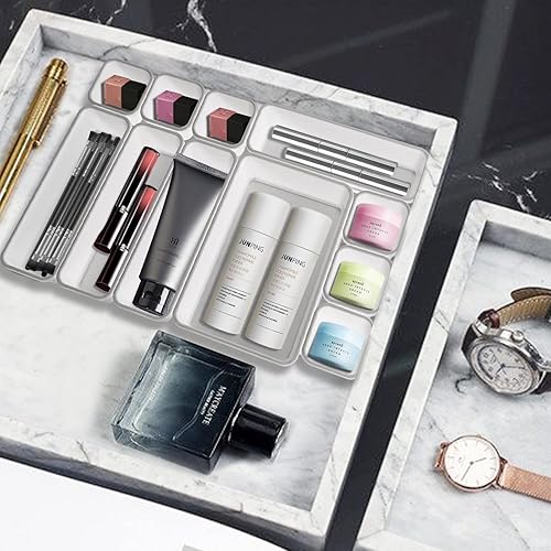 Miniatura 6 de Paquete de 32 organizadores de cajones de escritorio, 3 tamaños de plástico entrelazados poco profundos, bandejas divisorias, contenedores de