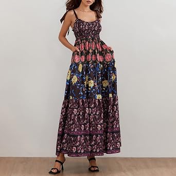 NUFIWI Women Boho Graffiti Cami Long Dress Graphic Spaghetti Strap Flowy Maxi Dress Square Neck Colorful A Line Sundress