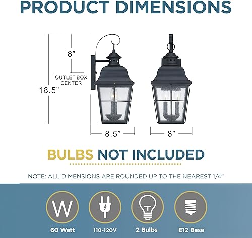 Miniatura 2 de Quoizel MHE8409K Millhouse - Farol de pared para exteriores de cristal semillado, 2 luces, 120 vatios, negro místico (19 pulgadas de alto x 8