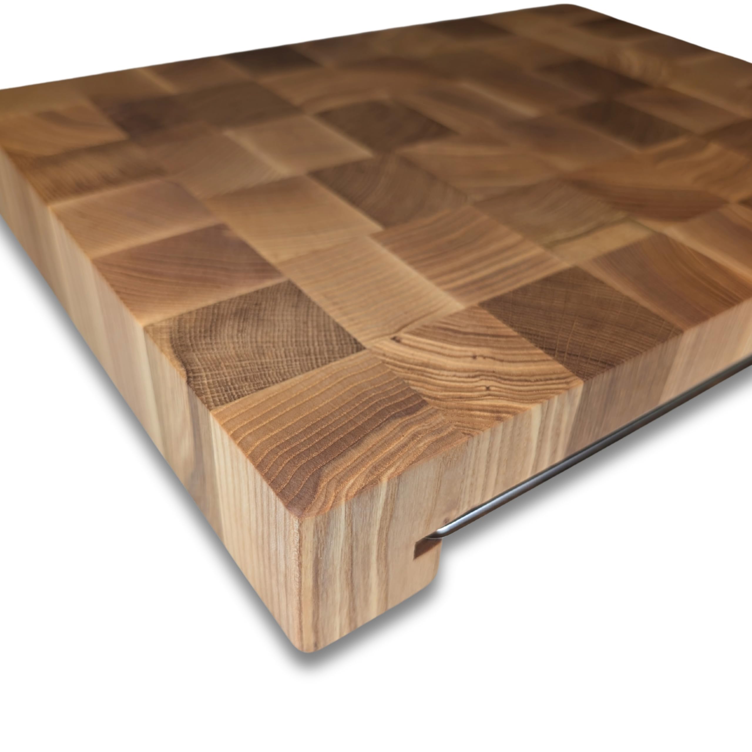 Premium Stirnholz Schneidebrett Eiche & Esche 40×30×5,5 cm – mit Edelstahlschublade 1,3 L – Küchenbrett rutschfest & massiv