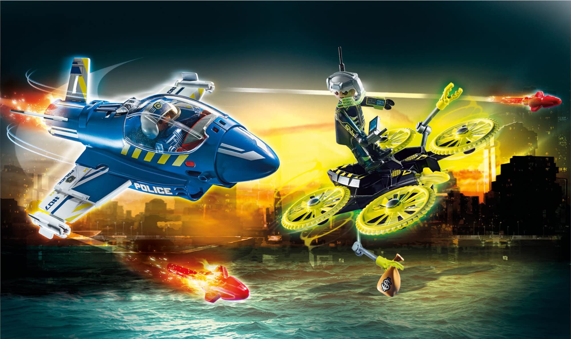 PLAYMOBIL City Action 70780 Jet della Polizia e Drone, Giocattoli per Bambini dai 5 Anni
