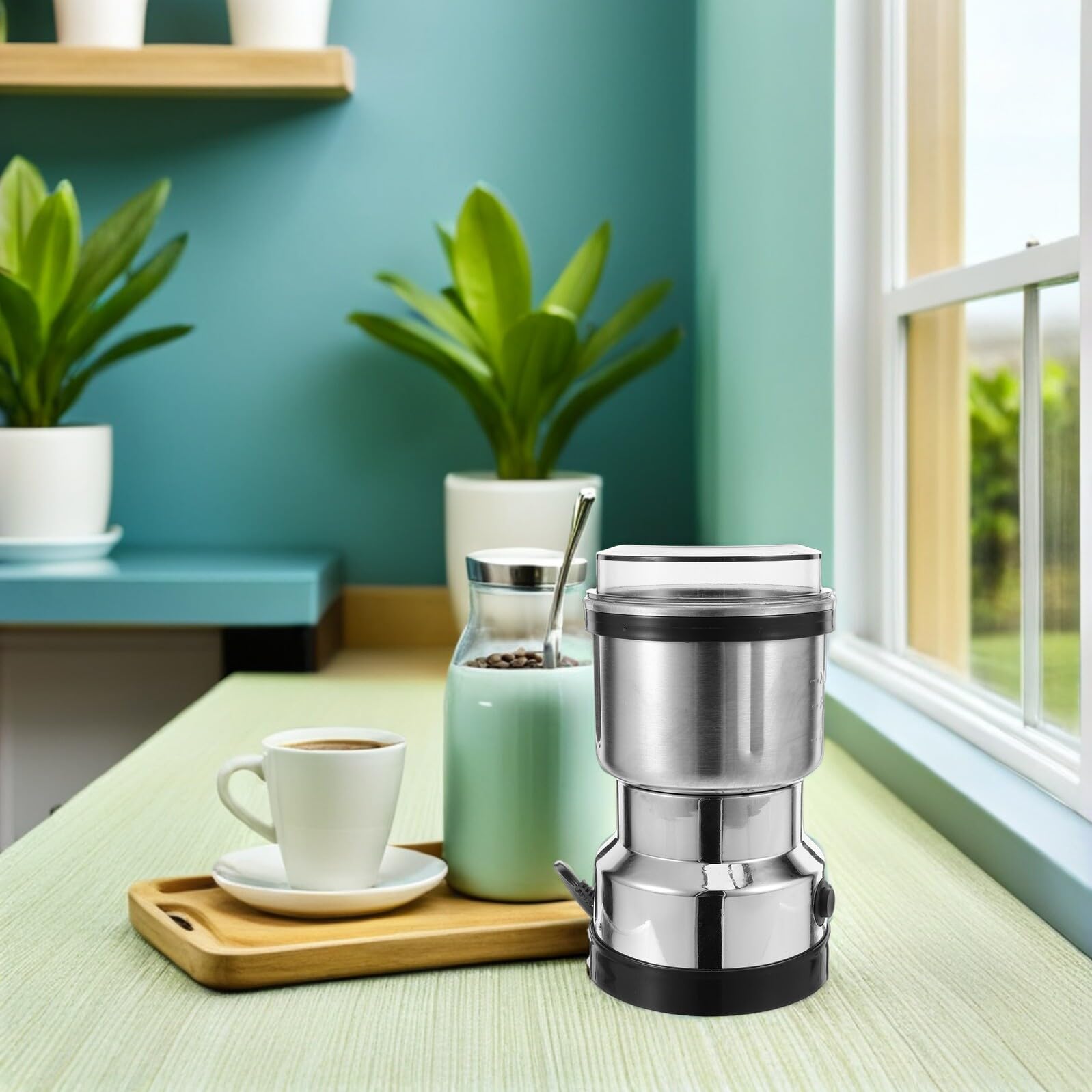 Molinillo Eléctrico de Café y Especias 500 Ml Grande Acero Inoxidable 3 Cuchillas de 6 Hojas Mini Molinillo Portátil para Cocina Viajes y Camping Cepillo y Cuchara