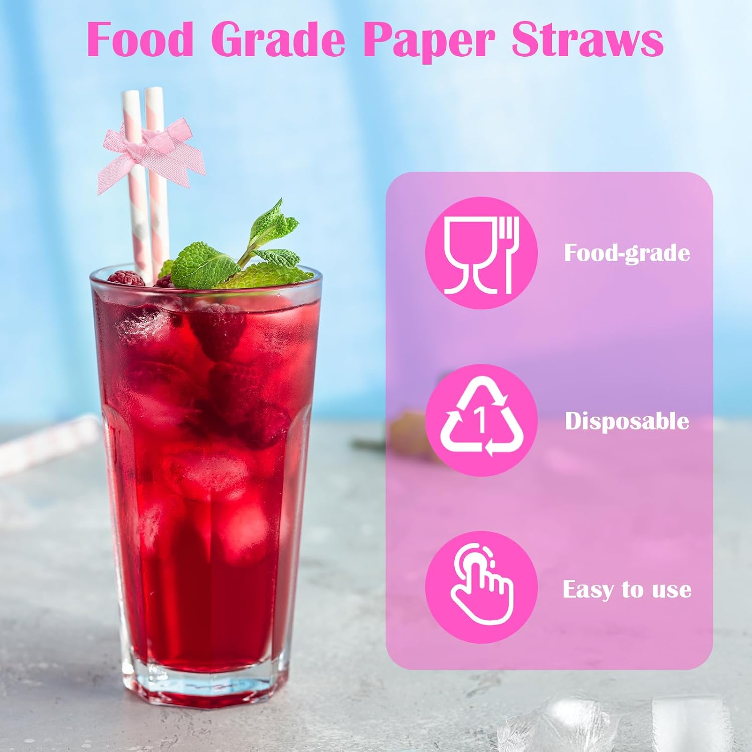 30Pcs Pink Paper Straws for Drinking, Cute Pink Bow Party Straws Bulk for Juice Coffee Tea Cocktail Milkshake image 3