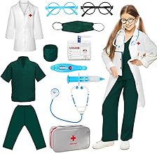 12 Doctor Costume for Children with Stethoscope, Surgeon, Serringe, Glasses, Doctor's Bag, Doctor Kit, Halloween Carnival Toy Kit for Children, Boys, Girls