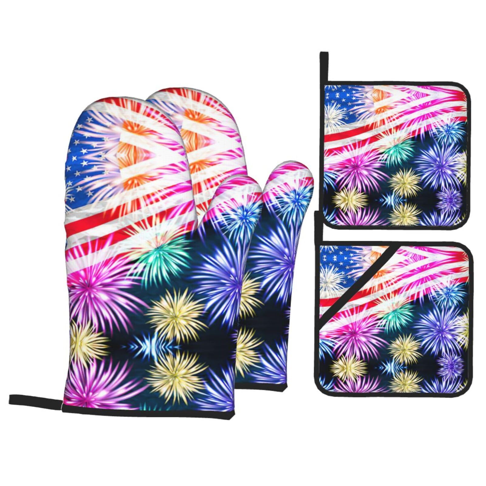 Patriotic 4th of July American Flag Print Stylish 4-Piece Microwaving Oven Waterproof Kitchen Gloves Baking Holiday Cooking