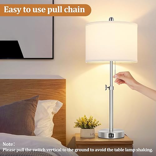 Miniatura 6 de Juego de 2 lámparas de mesa para dormitorio, lámpara de noche con 2 puertos USB, lámpara de mesa alta ajustable de 23 a 30 pulgadas de altura para
