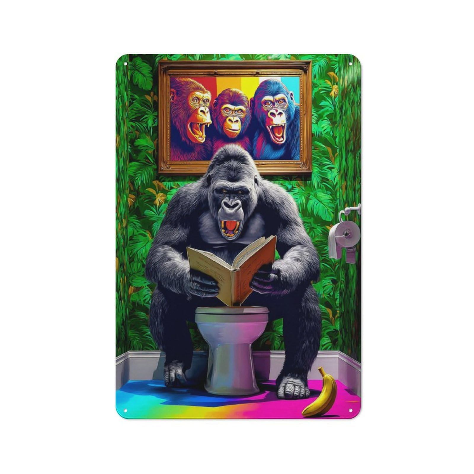 Junmoney Gorilla Reading In Colorful Bathroom -1 Farmhouse Metal Sign With Design 30X20cm, Rustic Rustic Kitchen Decor For Dining Room, Cafe, Entryway Or Family Room