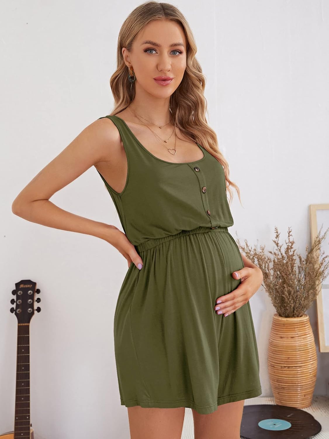 Verdusa Women's Maternity Scoop Neck Button Front High Waist Tank Romper - Image 3