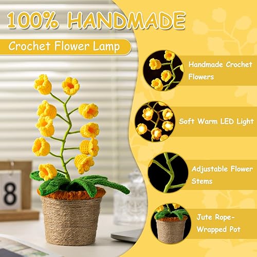 Miniatura 9 de Lámpara de lirio del valle, 10 flores artificiales de ganchillo con luces nocturnas, macetas falsas de lirio de valle incluidas, para regalo,