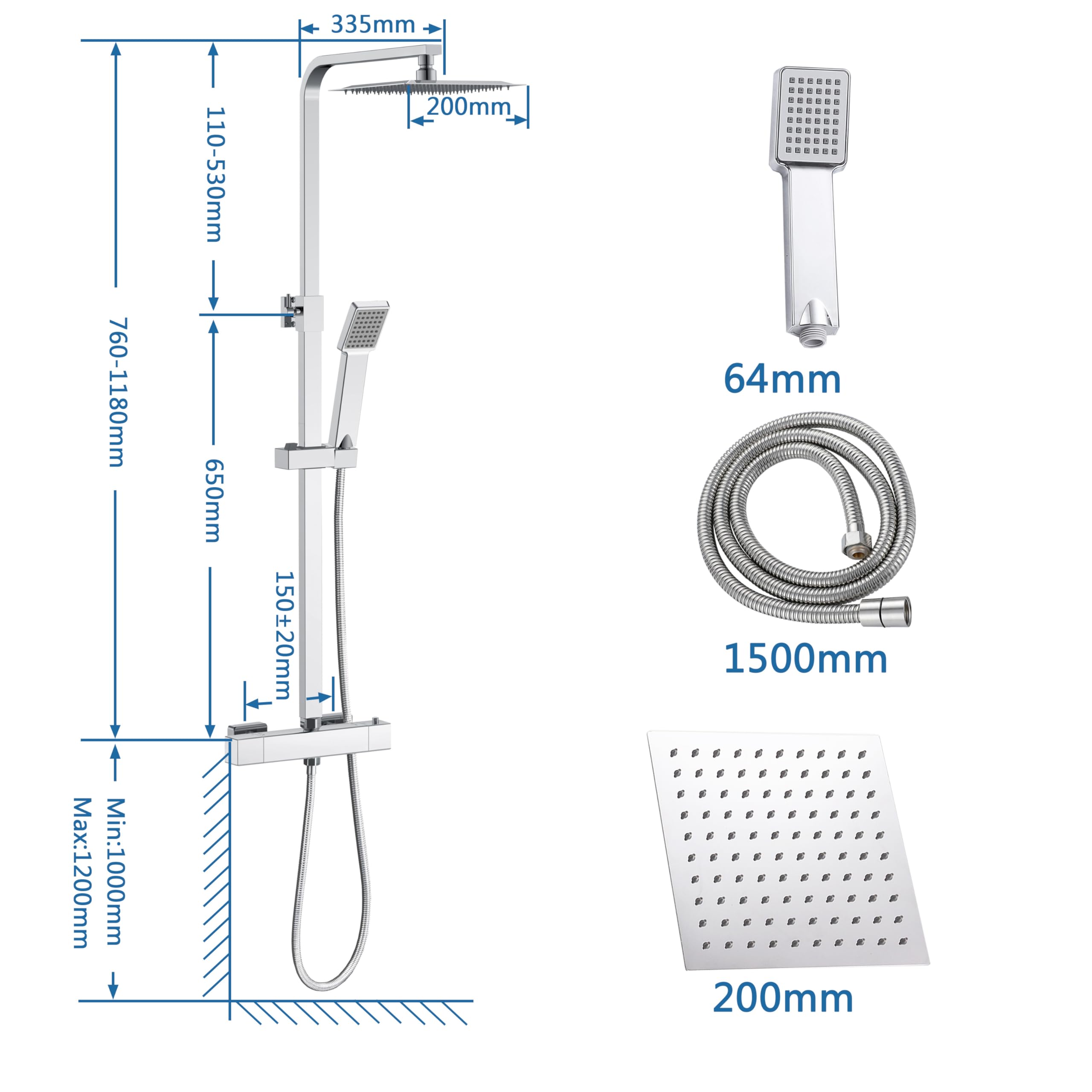 Aica Sanitarios Columna de Ducha Termostática Cuadrada con Barra Ajustable, Plata Brillante Alcachofa de Ducha Lluvia para Baño