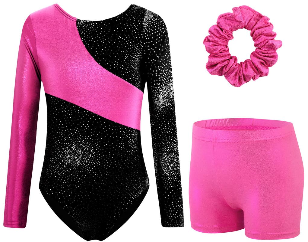 XiaoMoSha Girls Three-Piece Gymnastics Leotards Set Long Sleeve Leotards with Shorts and Hairband Sparkly Ballet Dance Unitards Gradient Color Design Gymnastics Outfits for Kids 3-12 Years