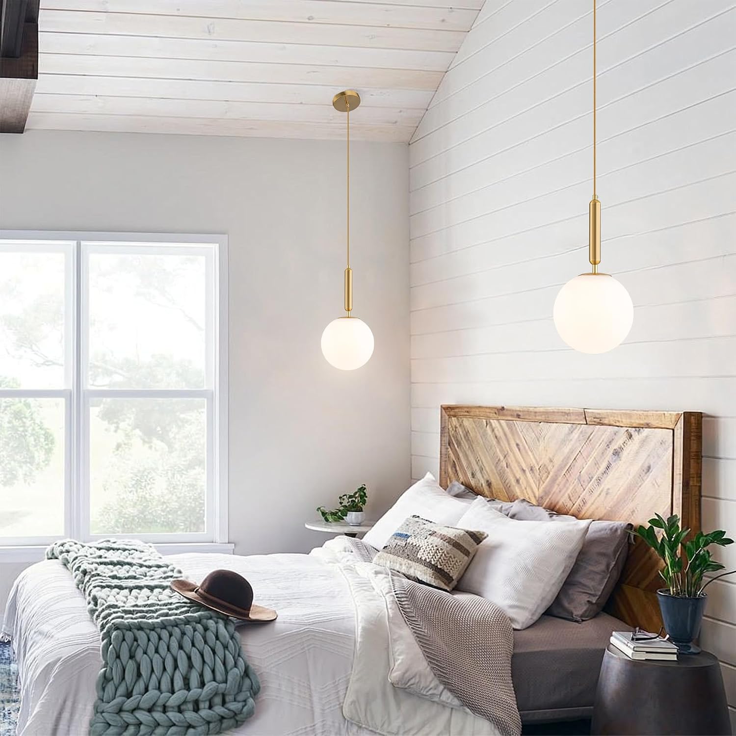 Modern Gold Sphere Pendant Light with White Glass Shade,Height Adjustable Mid Century Ceiling Light for Kitchen Island,Dining Room