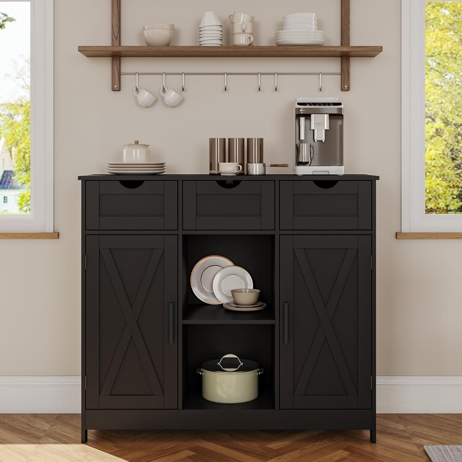 Black Buffet Cabinet with Coffee Bar
