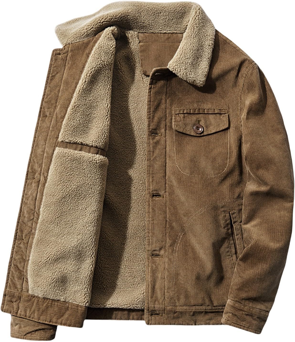 Men's Corduroy Jacket Fleece Sherpa Lined Trucker Jacket Button Front Cardigan Coat Midweight Thermal Coat with Pockets
