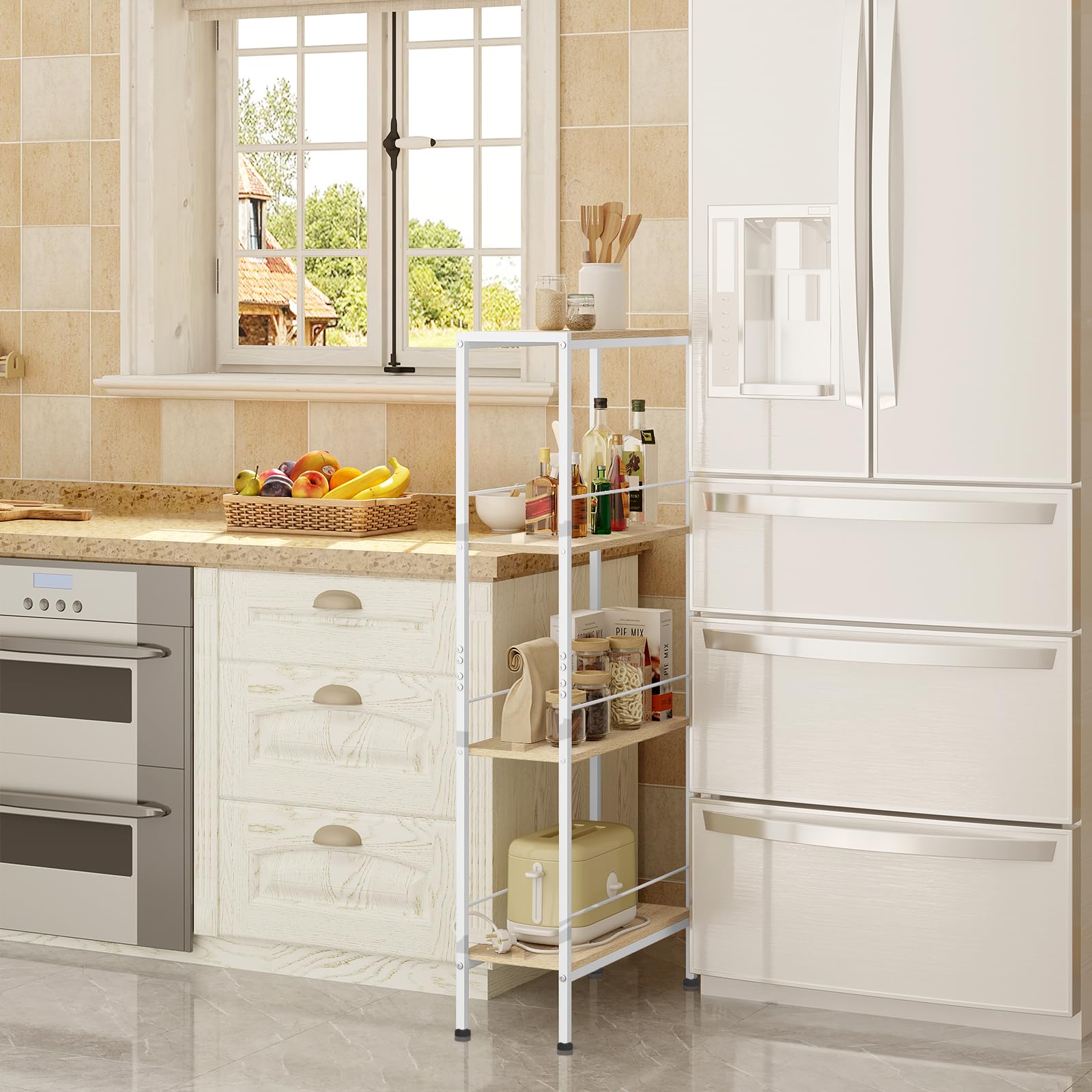 WOLTU Étagère Rangement, Étagère Étroite à 4 Niveaux, en MDF avec Cadre Métallique, Chêne Clair+Blanc, L50xP20xH110cm, RGB53whe