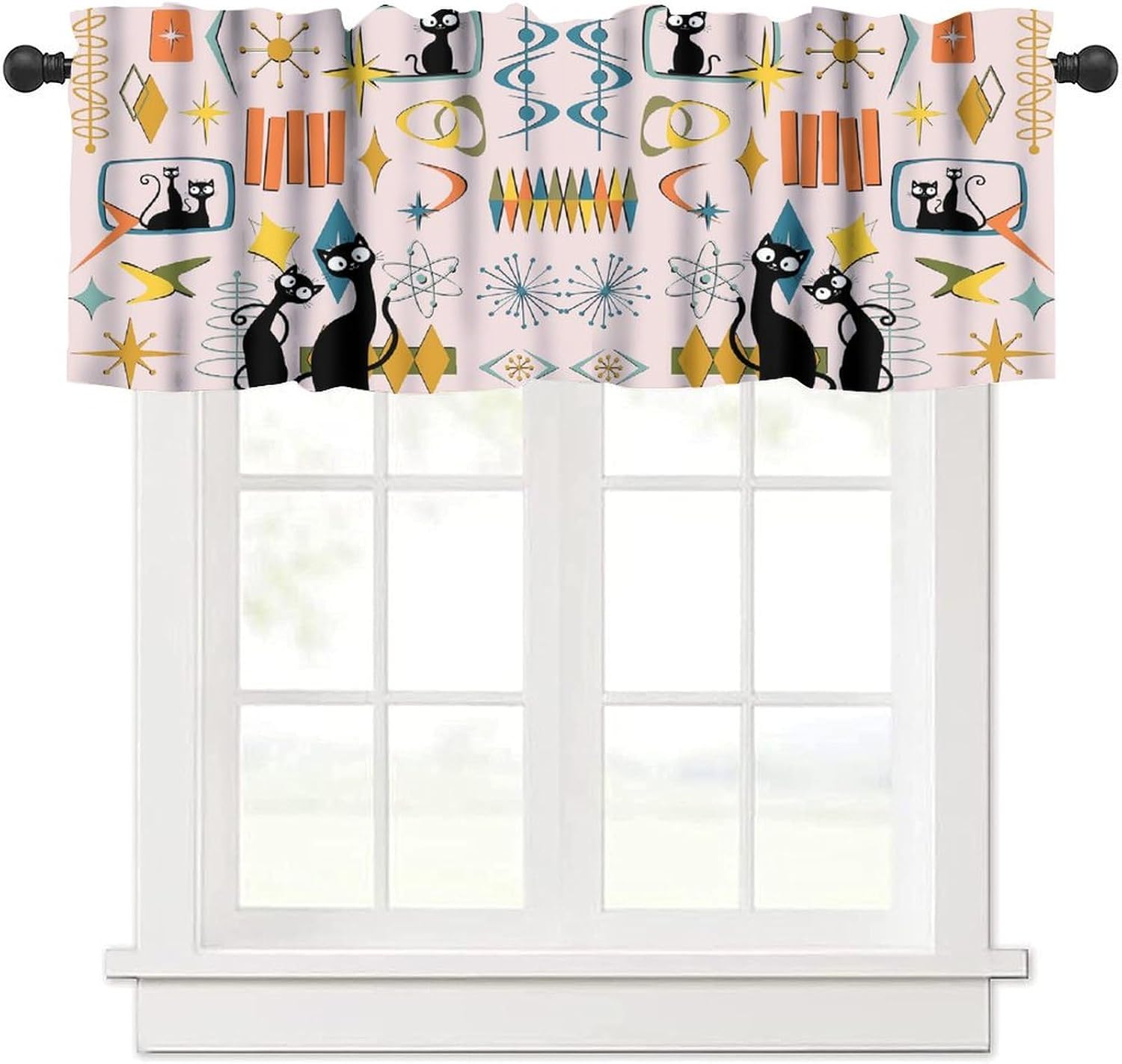 Mid Century Valances Curtains Modern Atomic Age Retro 50s Pattern Window Treatment Valances Short Curtains Rod Pocket Drape for Dining Room Kitchen Home Farmhouse Decor, 54x18inch