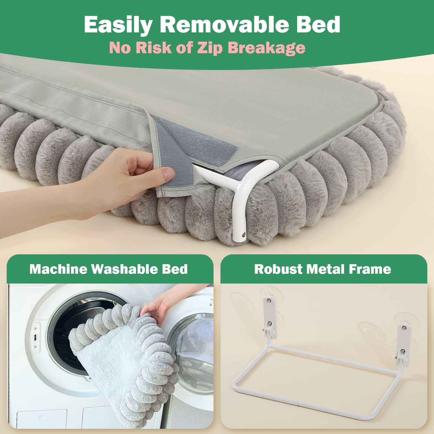 Zakkart SnugCloud Perchoir de fenêtre pliable pour chat – Sans fil, ultra doux, lavable en machine avec traversin à 4 côtés, cadre en métal, hamac de fenêtre pour grands chats et chatons (gris, taille