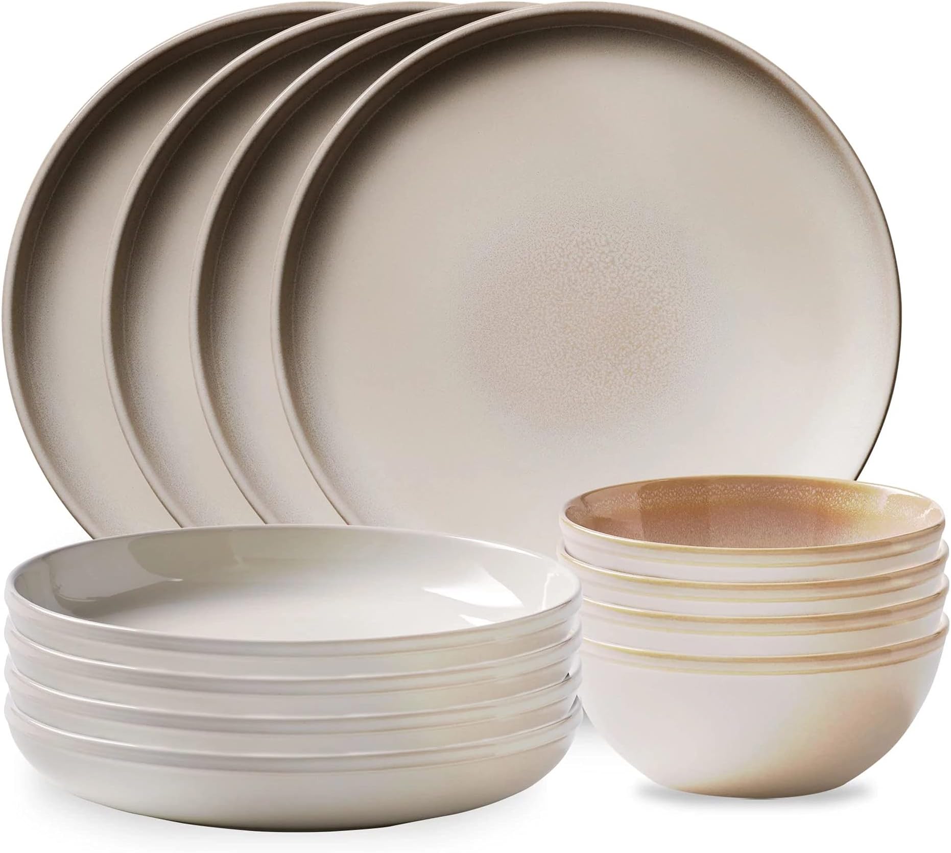Corelle Stoneware 12-Pc Dinnerware Set, Handcrafted Artisanal Double Bead Plates and Bowls, Solid and Reactive Glazes, Dining Plate Set, Oatmeal