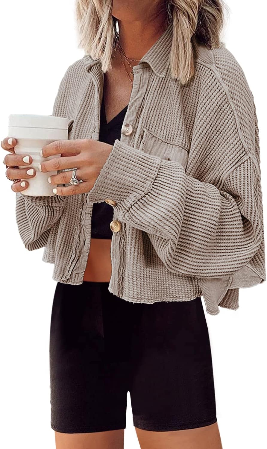 Panadila Women's Cropped Waffle Knit Shacket Short Button Down Jacket Batwing Sleeve Shirts with Pocket