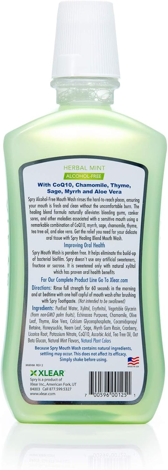 Spry Natural Xylitol Mouthwash Fluoride Free with Enamel Support, Alcohol-Free, Gentle, Non-GMO, Herbal Mint - 16 fl oz (Pack of 2)