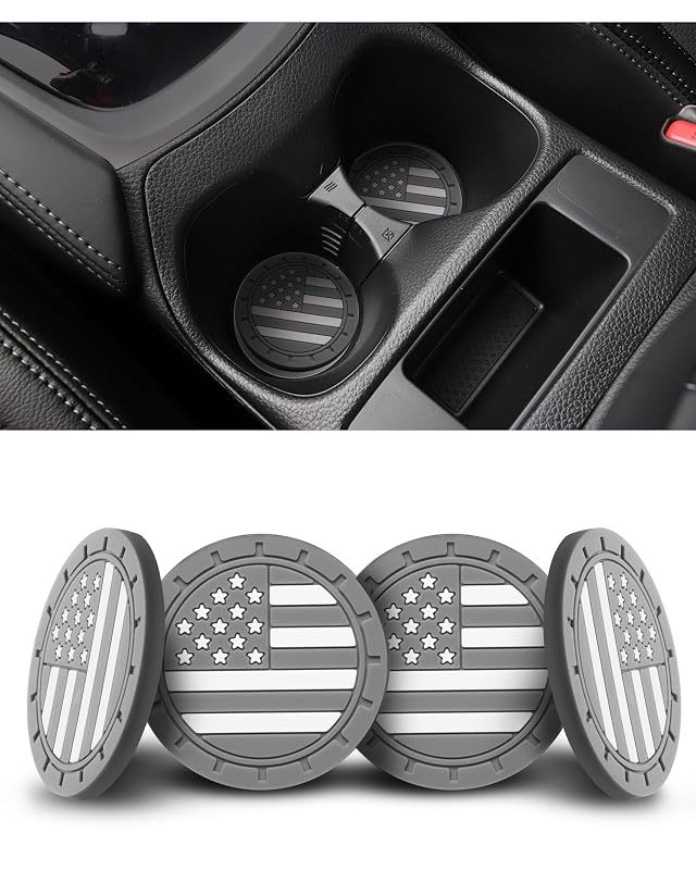 AQUAOK Kit com 4 Porta-C​opos para Carro em Silicone com Bandeira Americana, Cinza