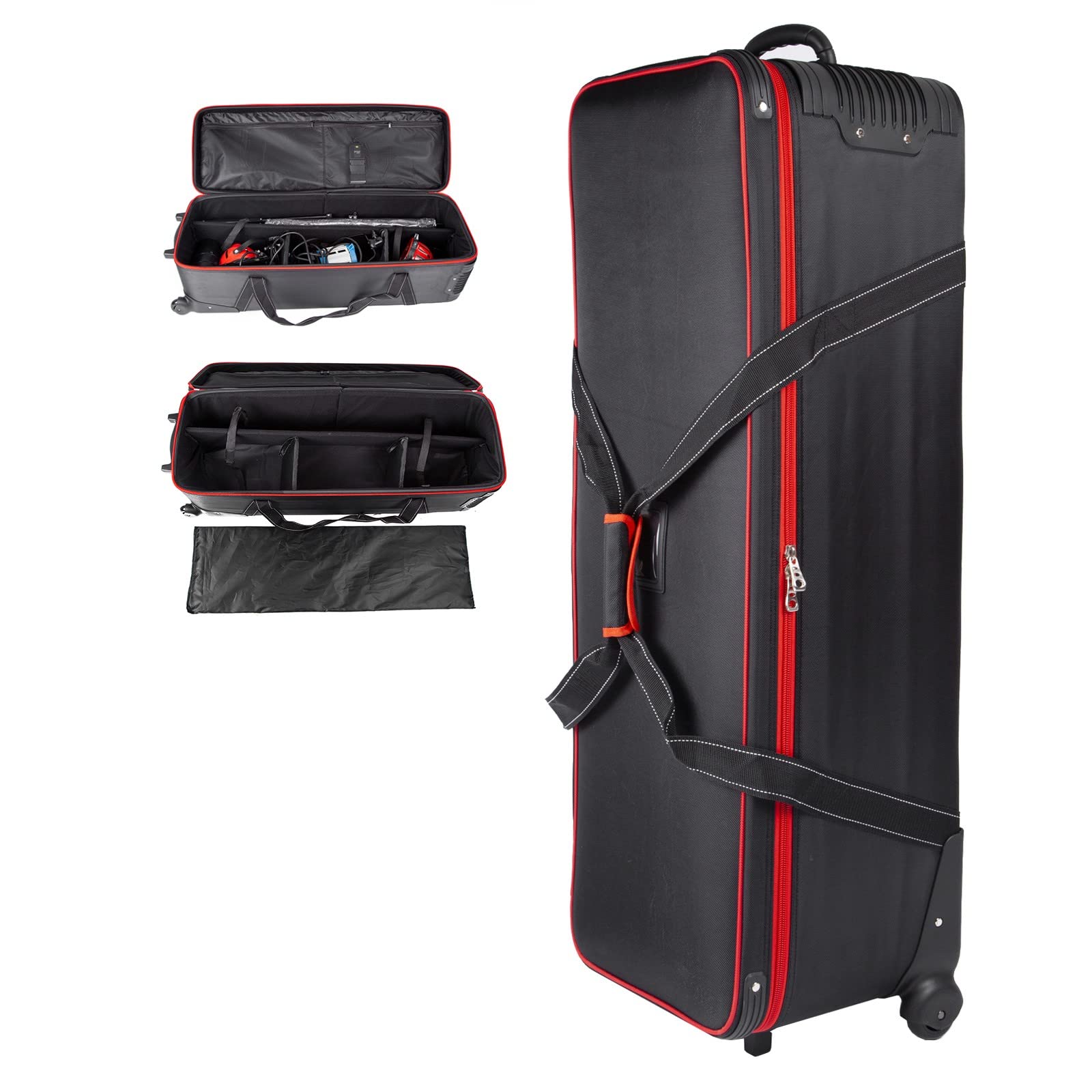 Photo Studio Equipment Trolley Carry Bag with Straps Padded Dividers Universal Wheel, for Photo Studio Light Stand Tripod Strobe Light Umbrella Photography Accessories, 107.5x37x35cm