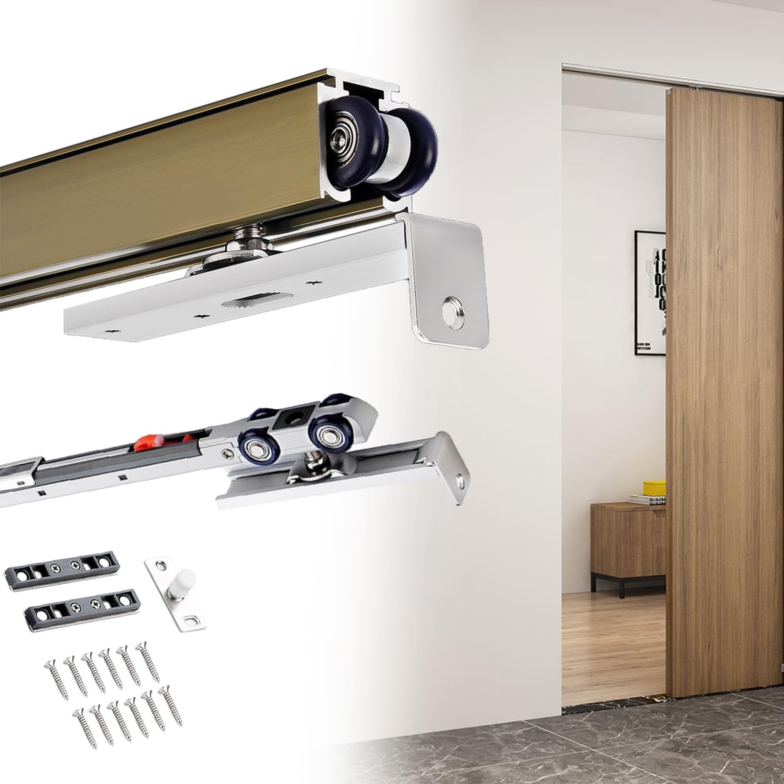 YDHSIKK Glass Sliding Door Track, Sliding Door Hardware Kit Soft Close Aluminum Track Nylon Wheels Multicolor Multiple Sizes(Champagne,50inch/127cm)