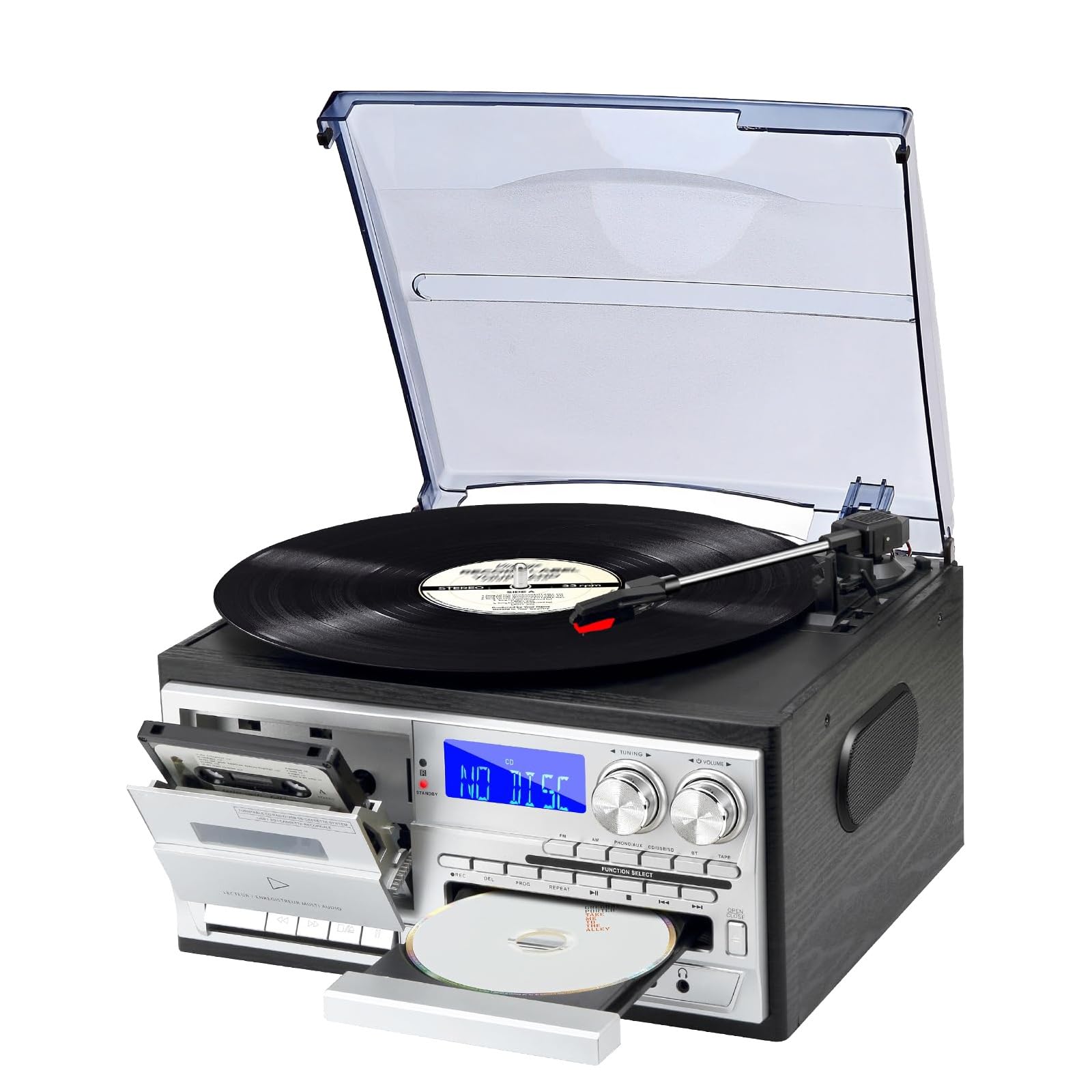 Giradischi multifunzione con Bluetooth, telecomando, CD, cassette e altoparlanti per dischi in vinile in ufficio o soggiorno
