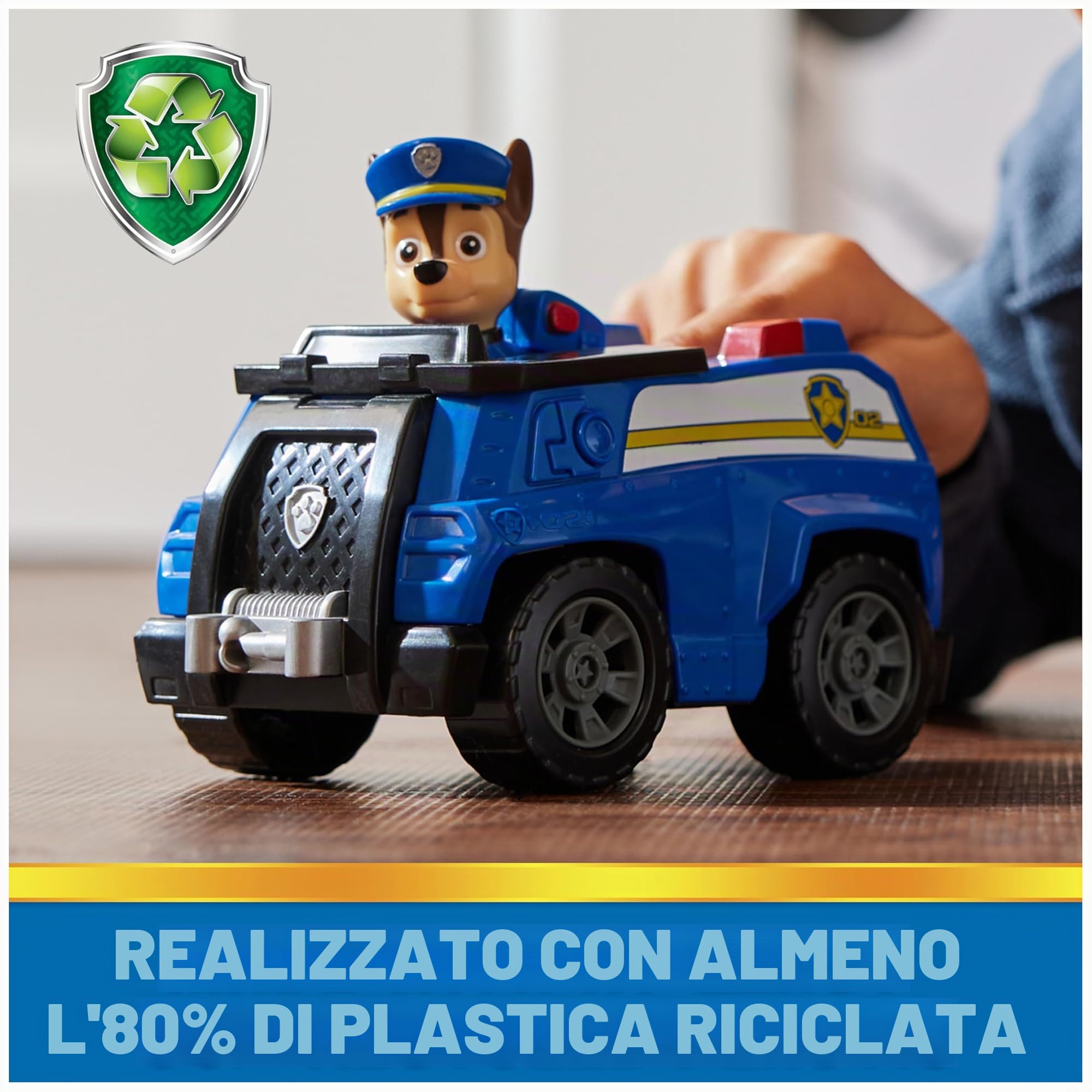 Paw Patrol, Chase's Patrol Cruiser, auto giocattolo con action figure da collezione, giocattoli per bambini di mentalità sostenibile per ragazzi e ragazze dai 3 anni in su
