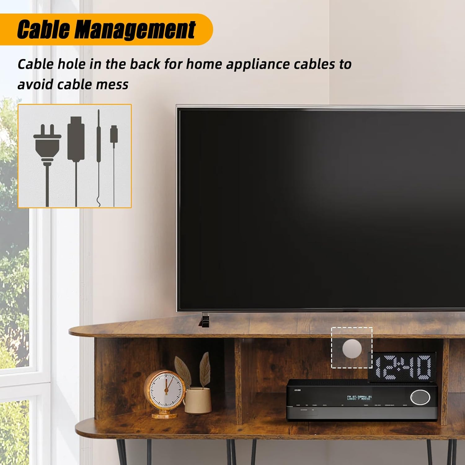 Corner TV Stand for 50 Inch TV, Entertainment Center with Storage Cabinet, Industrial Media Console Table with High Metal Feet and Anti-Slip Pads, Corner TV Stand for Living Room, Brown
