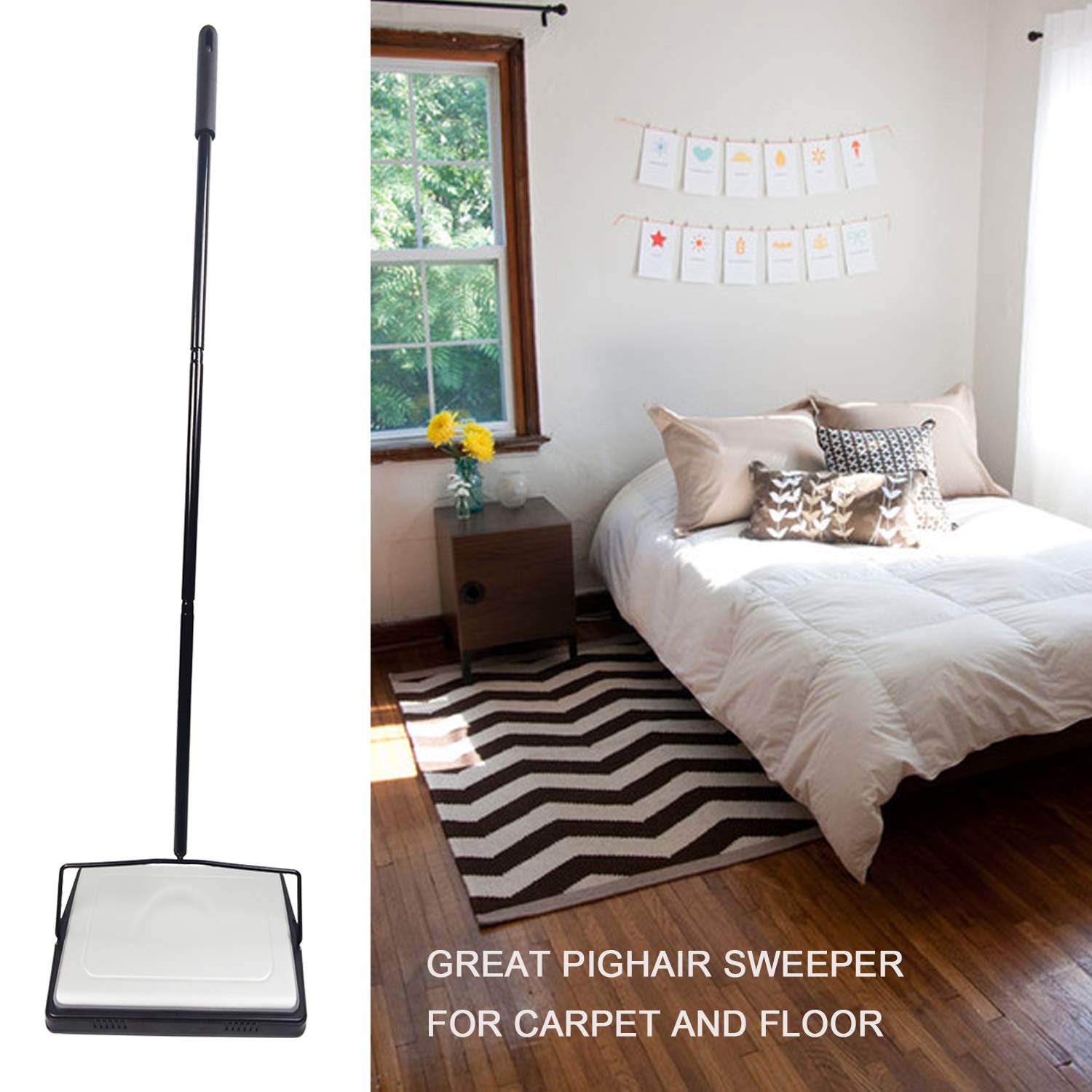 EZ SPARES Quiet Carpet Sweeper,Floor Sweeper with Pig-Bristles,Suitable for Carpet Cleaning Power,Roller Brush Strong,Bristle Sweeper,Great for House,Office,Kitchen,Carpet(Silver)