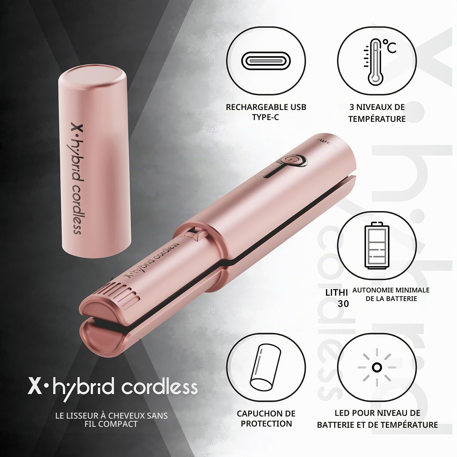 Gamma+ X-Hybrid Lisseur Sans Fil de Voyage | Mini Lisseur de Cheveux 2 en 1 pour Cheveux Lisses et Bouclés | Recharge USB Type-C | 3 Niveaux de Température | Design Compact et Portable