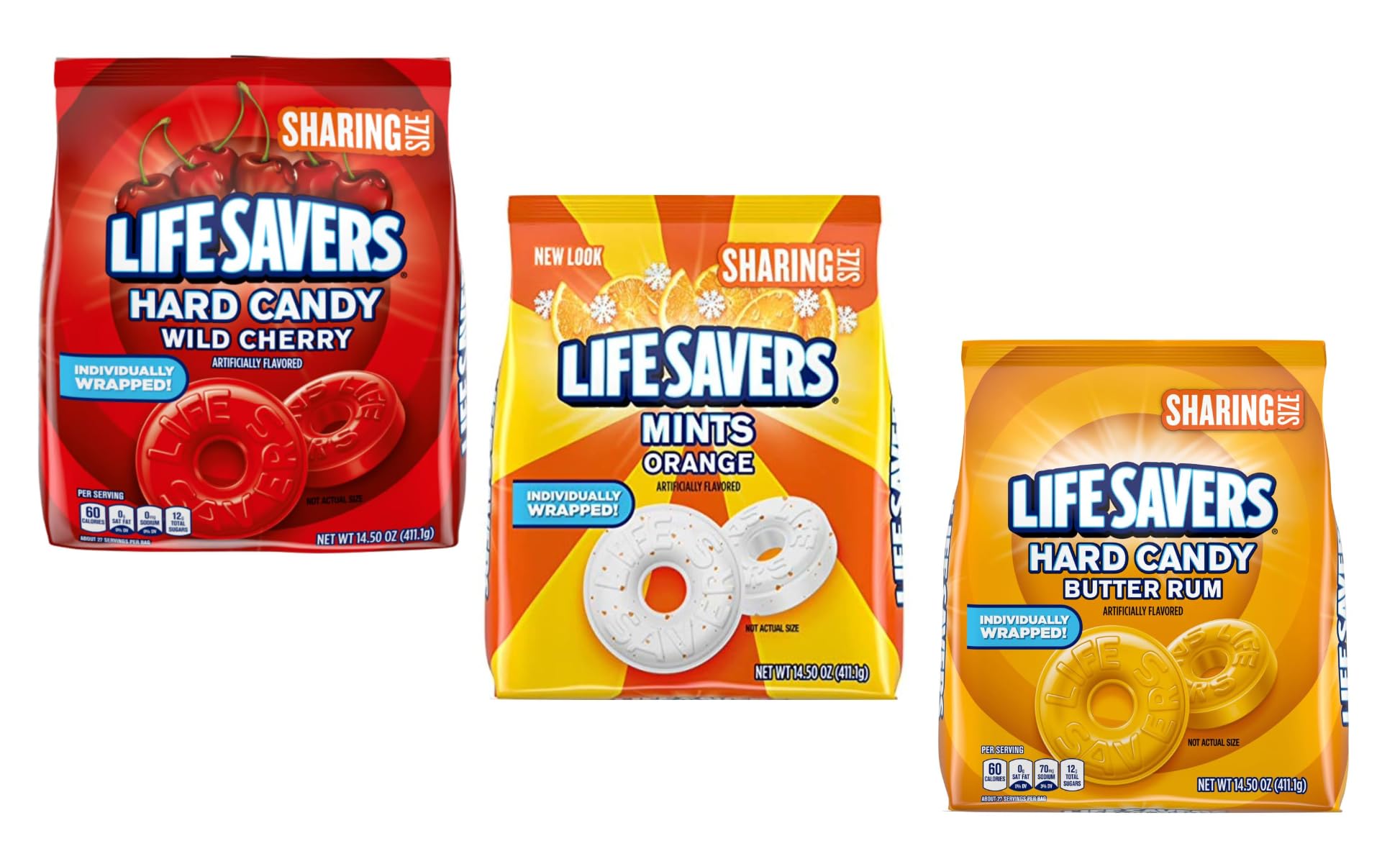 Smiling SweetsLifesavers Hard Candy Variety Pack, One Bag of Each Flavor, Wild Cherry, Orange Mints and Butter Rum, Anywhere and Anytime Treat (Pack of 3)