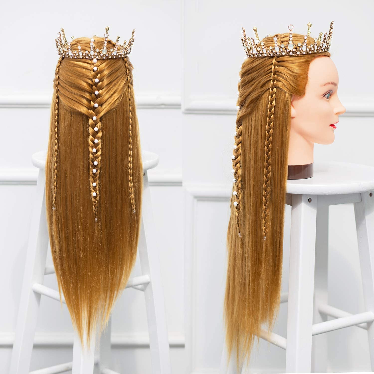 Mannequin Doll Head for Hair Styling Training Head Braiding for Little Girls, Manikin Cosmetology Head with stand, Synthetic Fiber Hair 26 inches Blonde HX2701