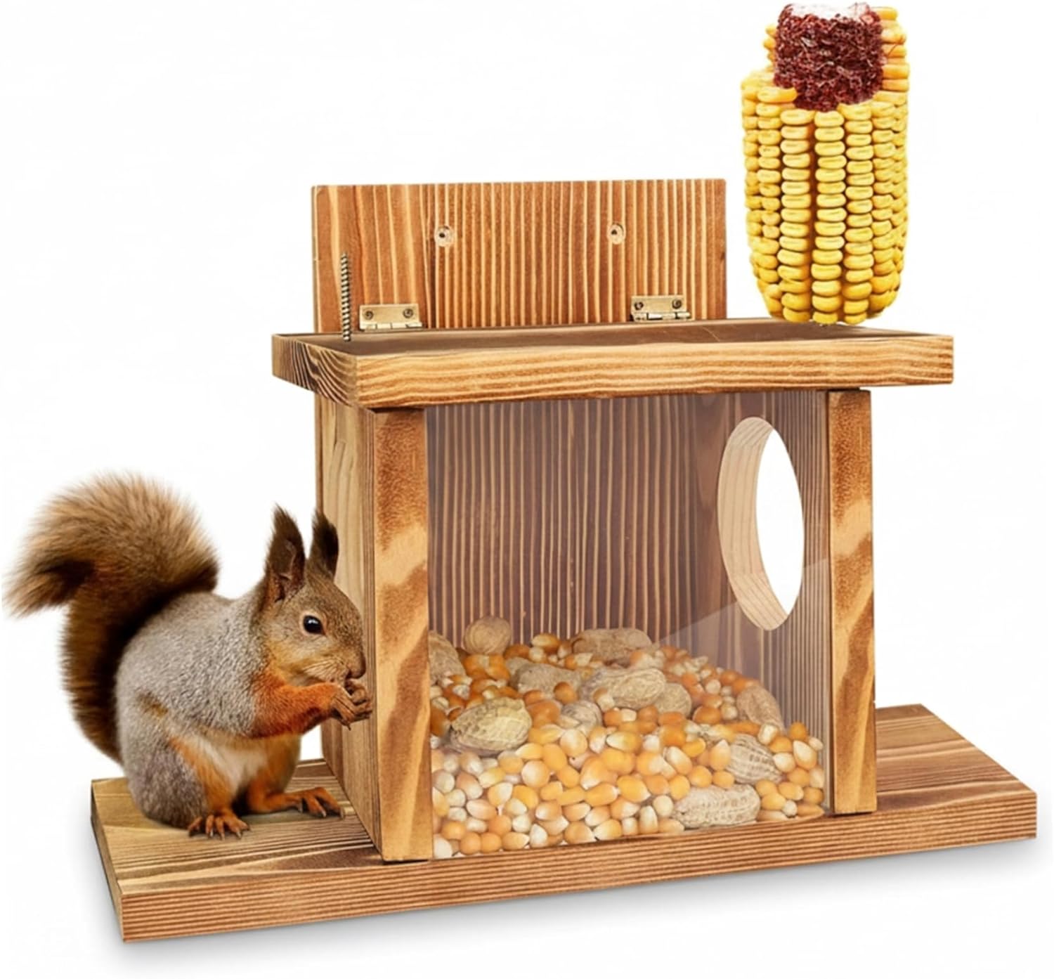Squirrel Feeders for Outside Wooden Flip-Top Squirrel Box with Clear Window Weatherproof Nut Bar Chipmunk Feeder for Wood Deck Tree Fence