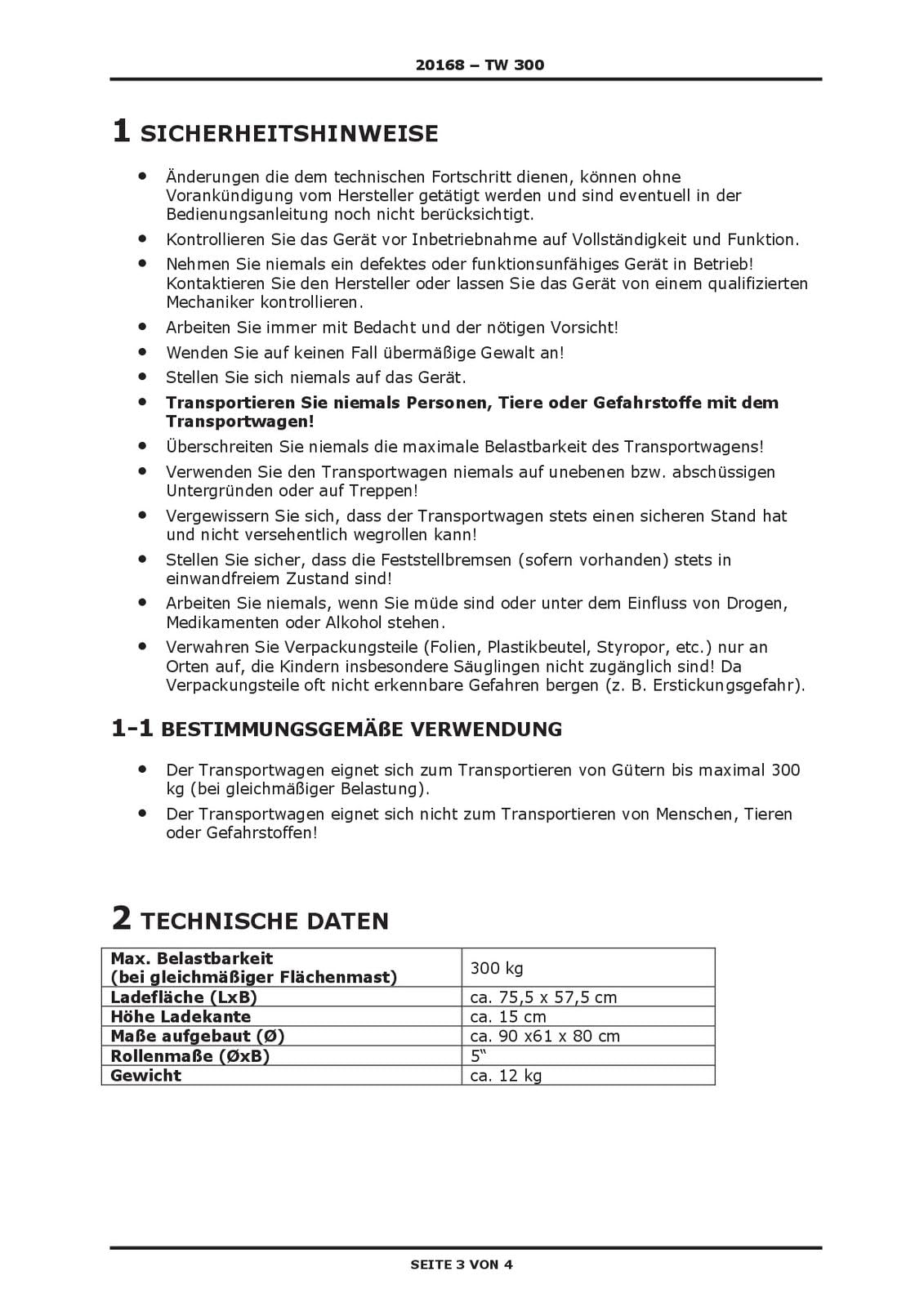 Transportwagen Transportkarre Plattformwagen Handwagen Werkstatt TW 300 klappbar
