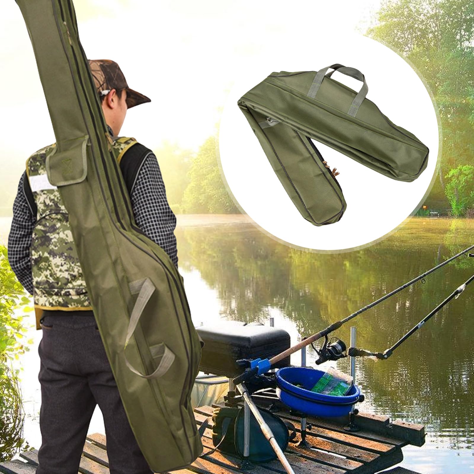 3 Lagige Angeltasche, Rutentasche, Angelruten Tasche, Angelrutentaschen, Faltbarer Angelrute Tasche, Fishing Rutentasche, Fishing Bag Für Angelruten Angelgerät Reise Aufbewahrungstasche (Grün)