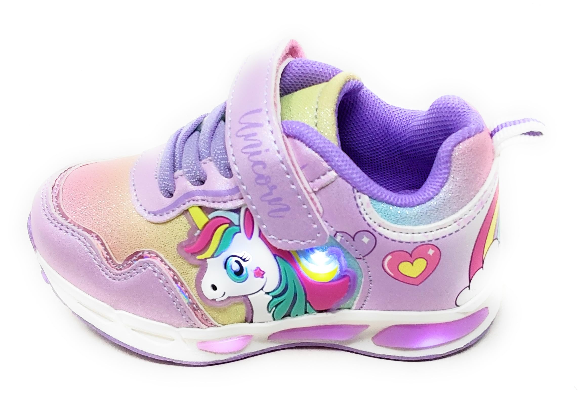 Zapatillas de niña S8010207T con unicornio, lila con purpurina, con tirantes, luces integradas en la entresuela y en el lado de las zapatillas