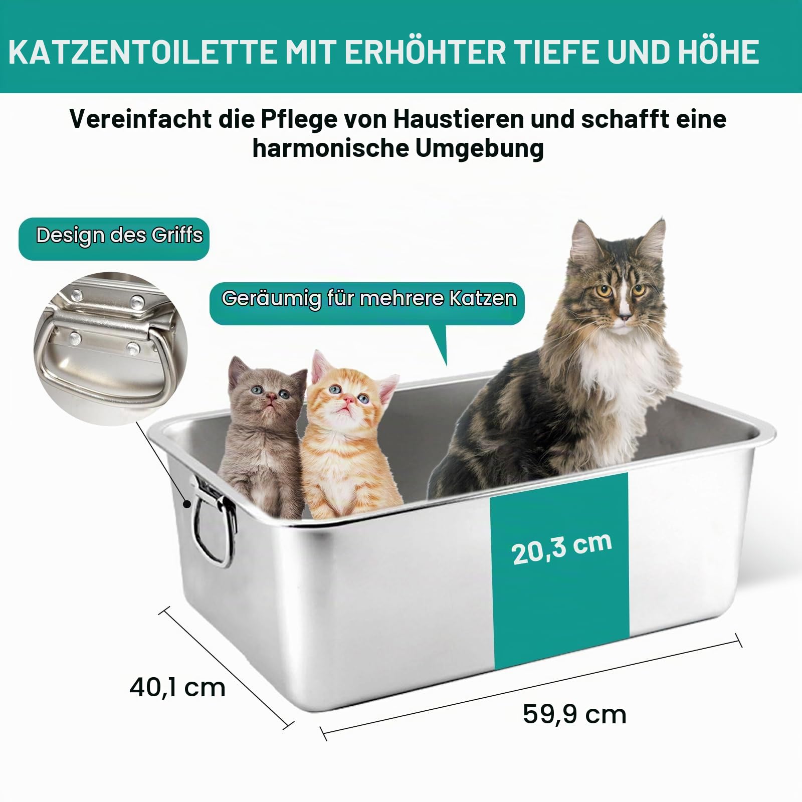 2 STÜCK Edelstahl Katzenklo, 8" Extra Große XXL Metall Katzenklo für Große Katzen, Hochwandige Katzen-Toilette mit Griff, Große Katzentoilette Schale, Einfach zu Reinigen, Geruchsfrei, 23.6x15.8x8