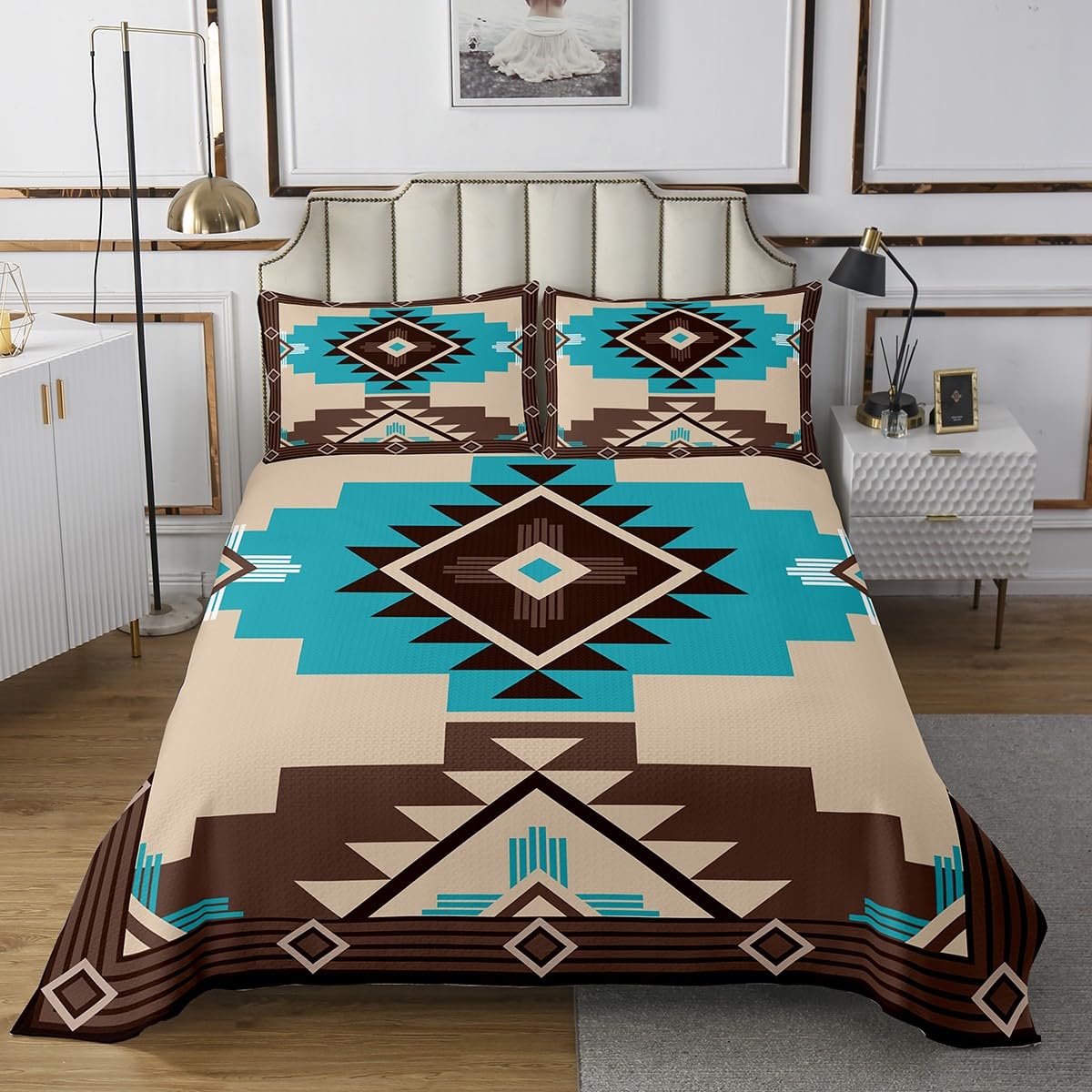 Feelyou Aztec Coverlet Set Queen Size, Blue Brown Boho Quilted Coverlet for Kids Boys Girls Southwestern Decor Bedspread Bohemian Quilted with 2 Pillow Case