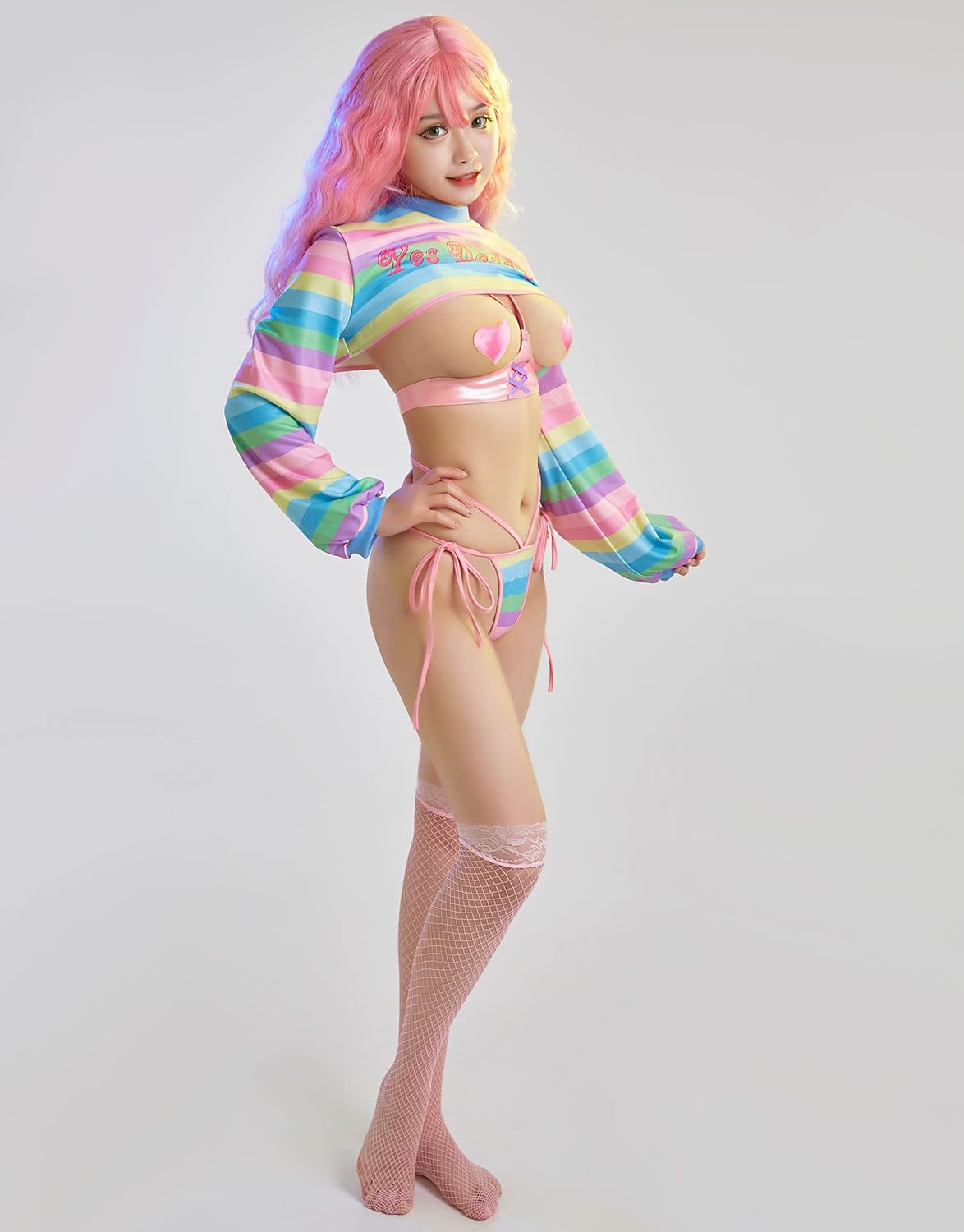MEOWCOS Women's Lingerie Rainbow Stripe Lingerie Top and Panty Set Bikini Short Tops Panty with Stockings